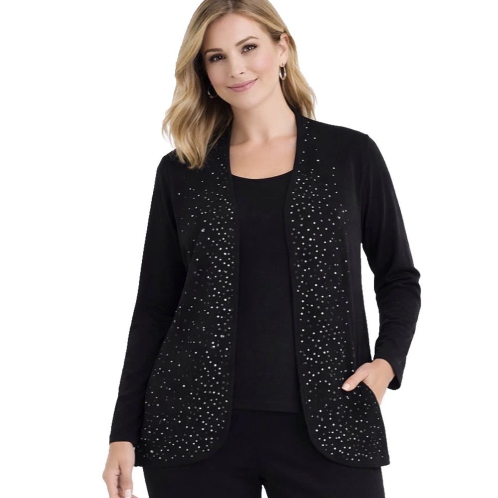 Chico’s Travelers Black Open Front Slinky knit Sequin cardigan Long Sleeve sz1 M